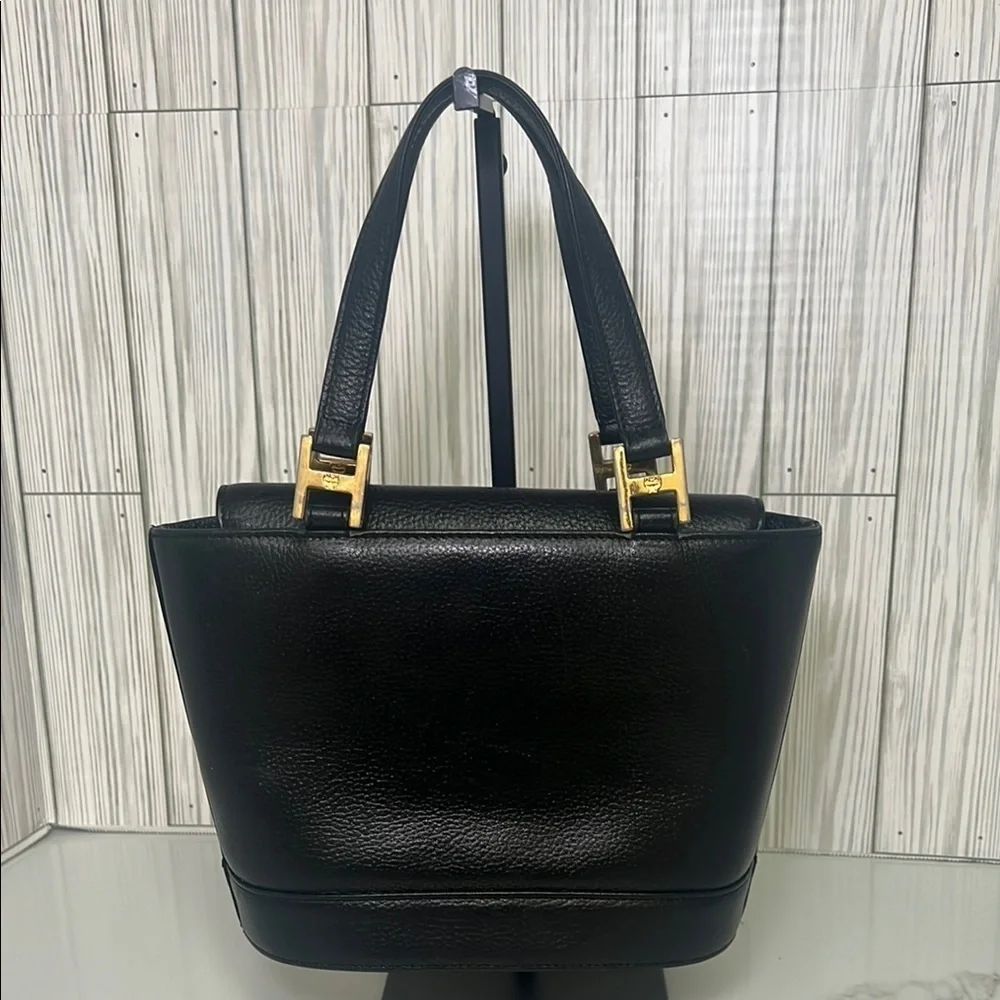MCM Black Mini Tote with Gold Accents and Trapezoid Shape
